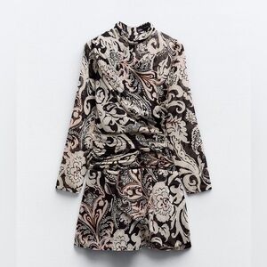 Zara cream and black mini dress with paisley print and metallic thread size Med